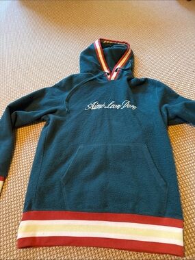Aime Leon Dore Teal Hooded Fleece with Red, Cream & Yellow Stripe Trim